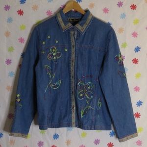 Embroidered Patterned Denim Shirt Jacket by Mirasol